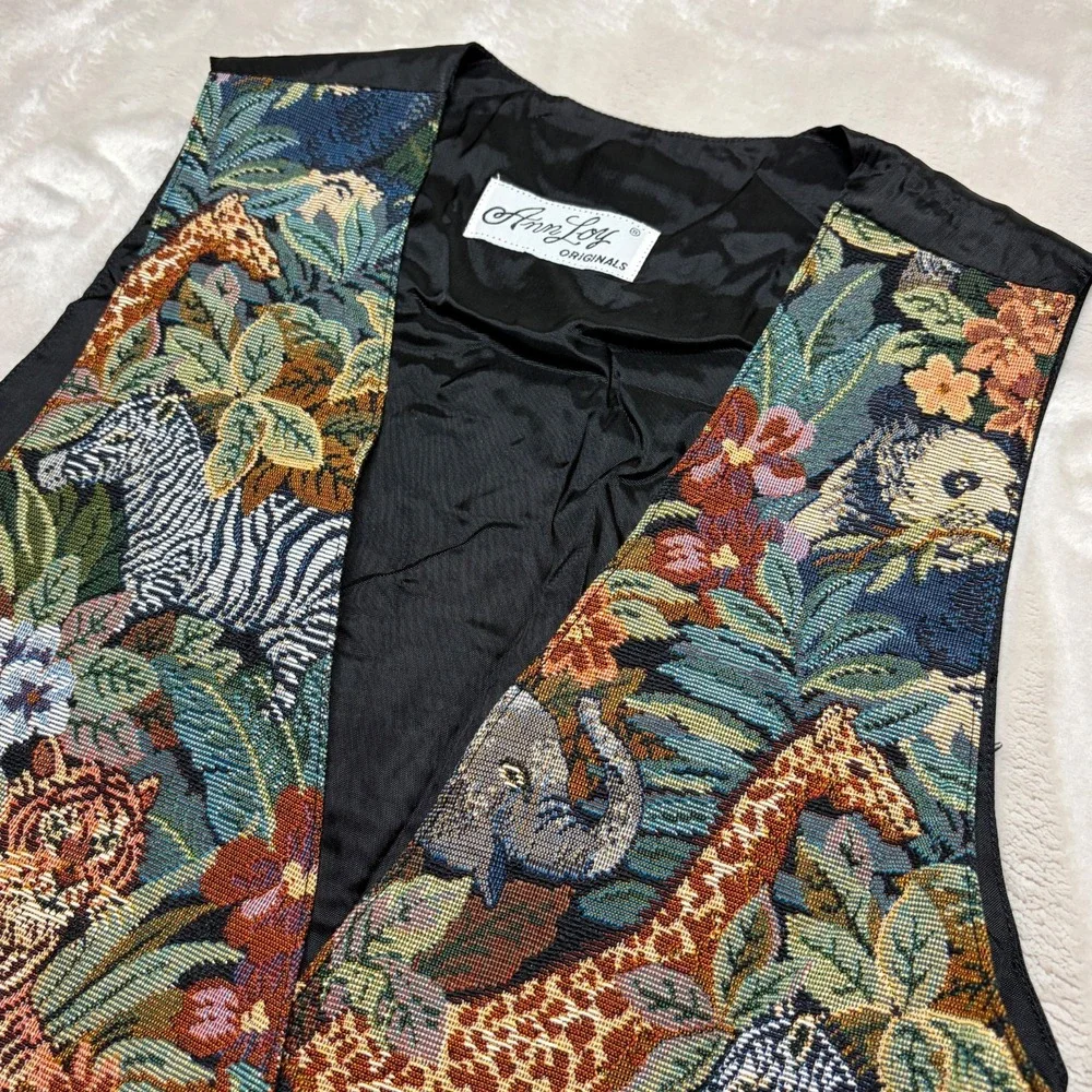 Ann Loy Vintage 90s Tapestry Vest Womens Small Jungle Safari Animal Print Boho